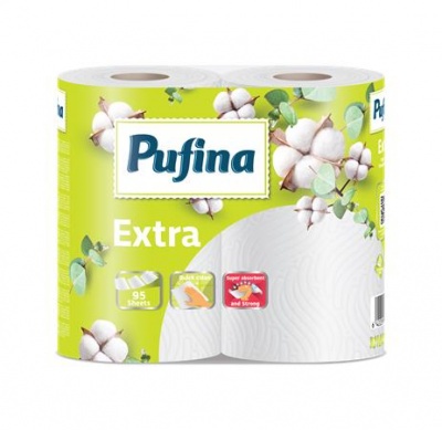 Háztartási papírtörlő, 2 rétegű, 95 lap, 2 tekercses, PUFINA "Extra"